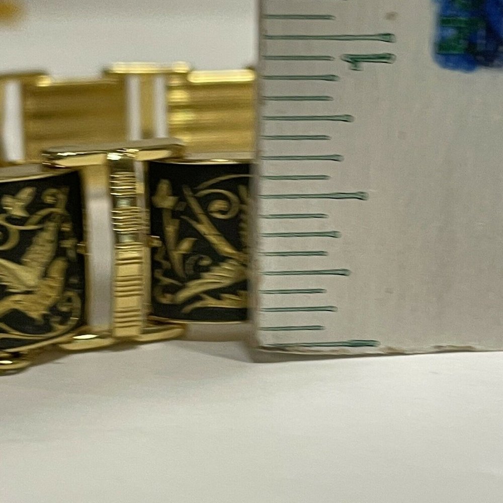 Black & Gold Damascene Enamel Bracelet Flowers Birds 10 Panels Safety Chain GP - Picture 4 of 8